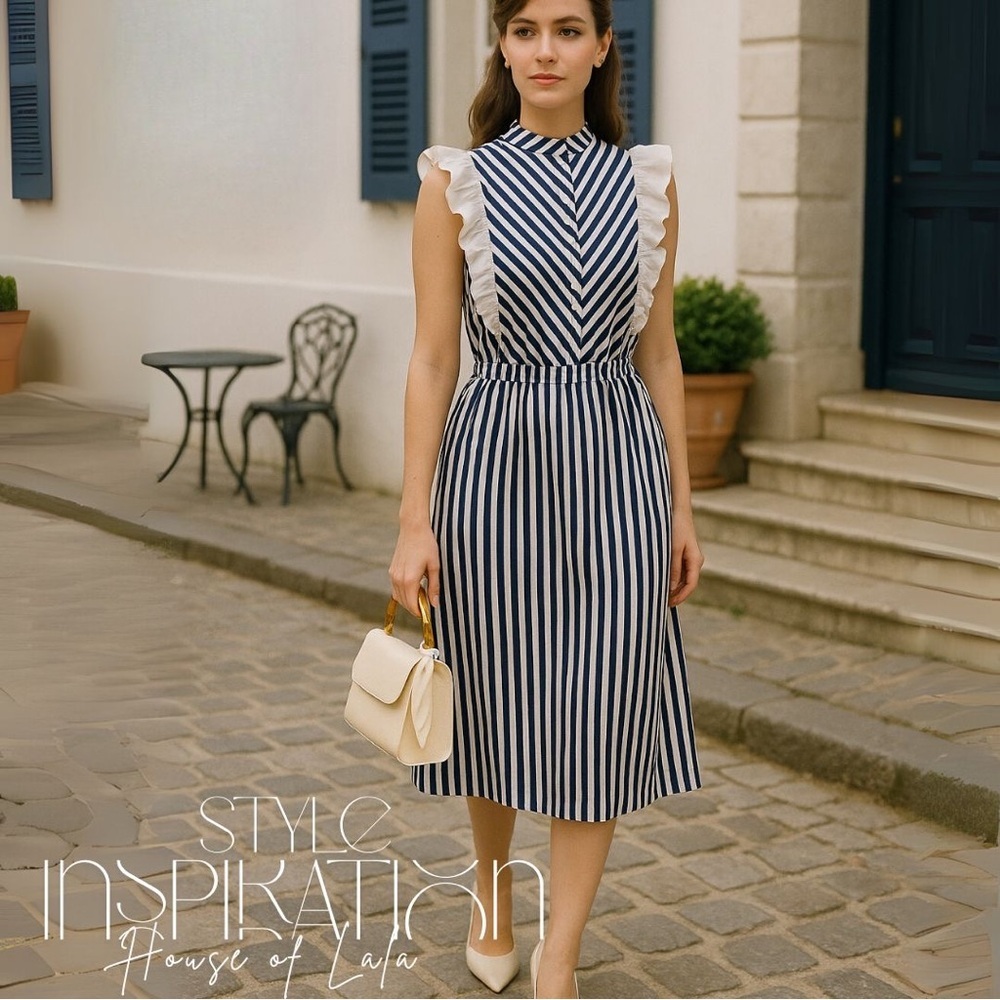 Vintage Summer Dress Blue & White Stripe. Romantic Casual Poetcore Dress. - Picture 3 of 9